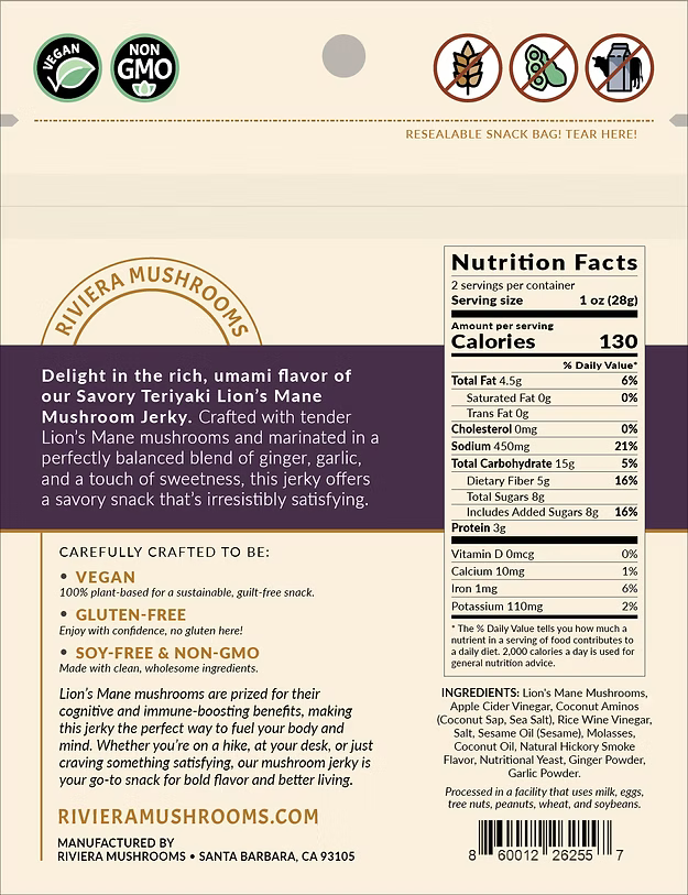 Jerky Lions Mane Mushroom with Teriyaki Flavors