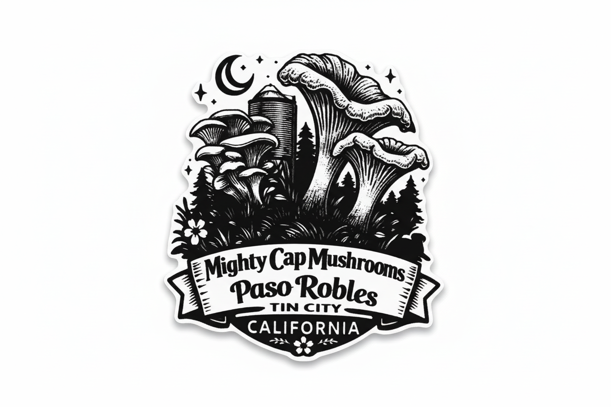 Sticker-Mighty Cap Mushrooms Tin City